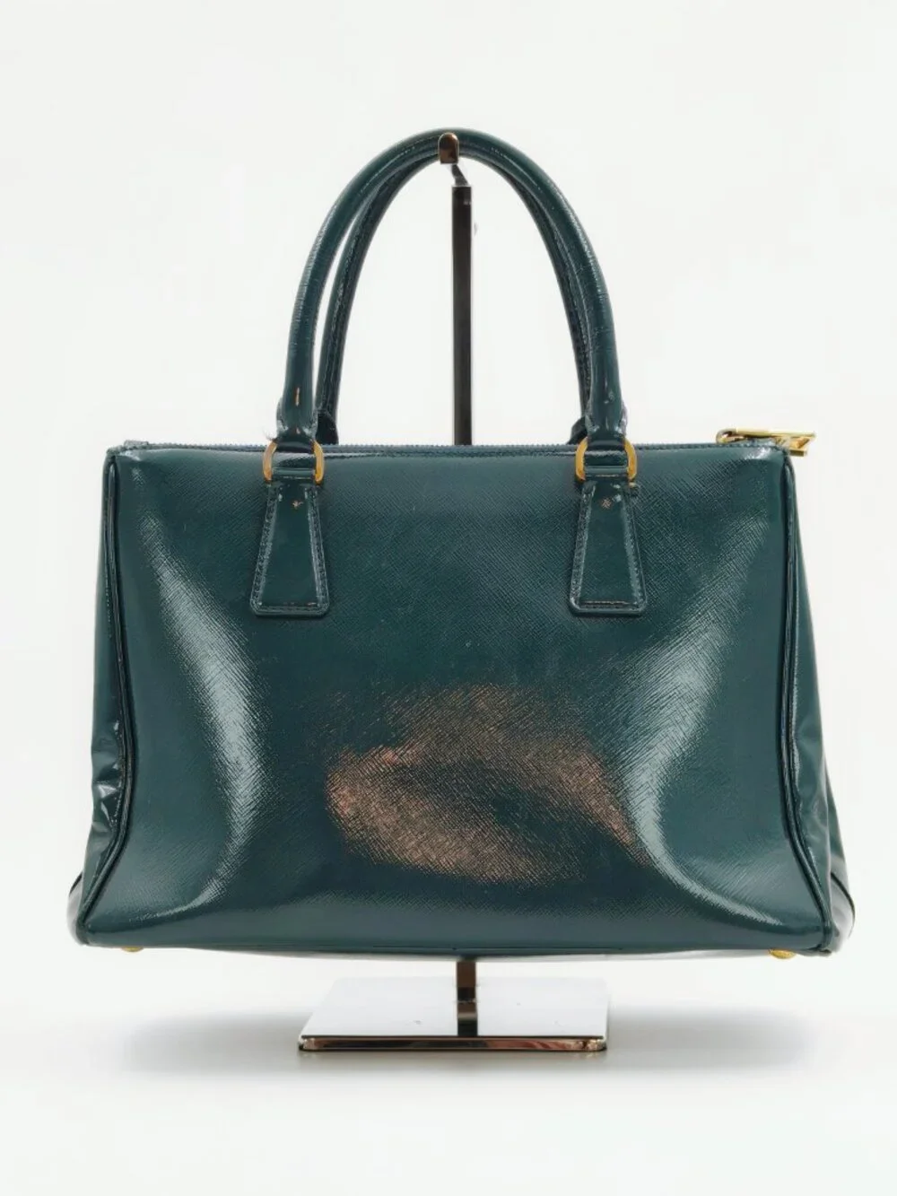 PRADA Vintage Green Saffiano Patent Leather Top Handle Handbag Gold Hardware